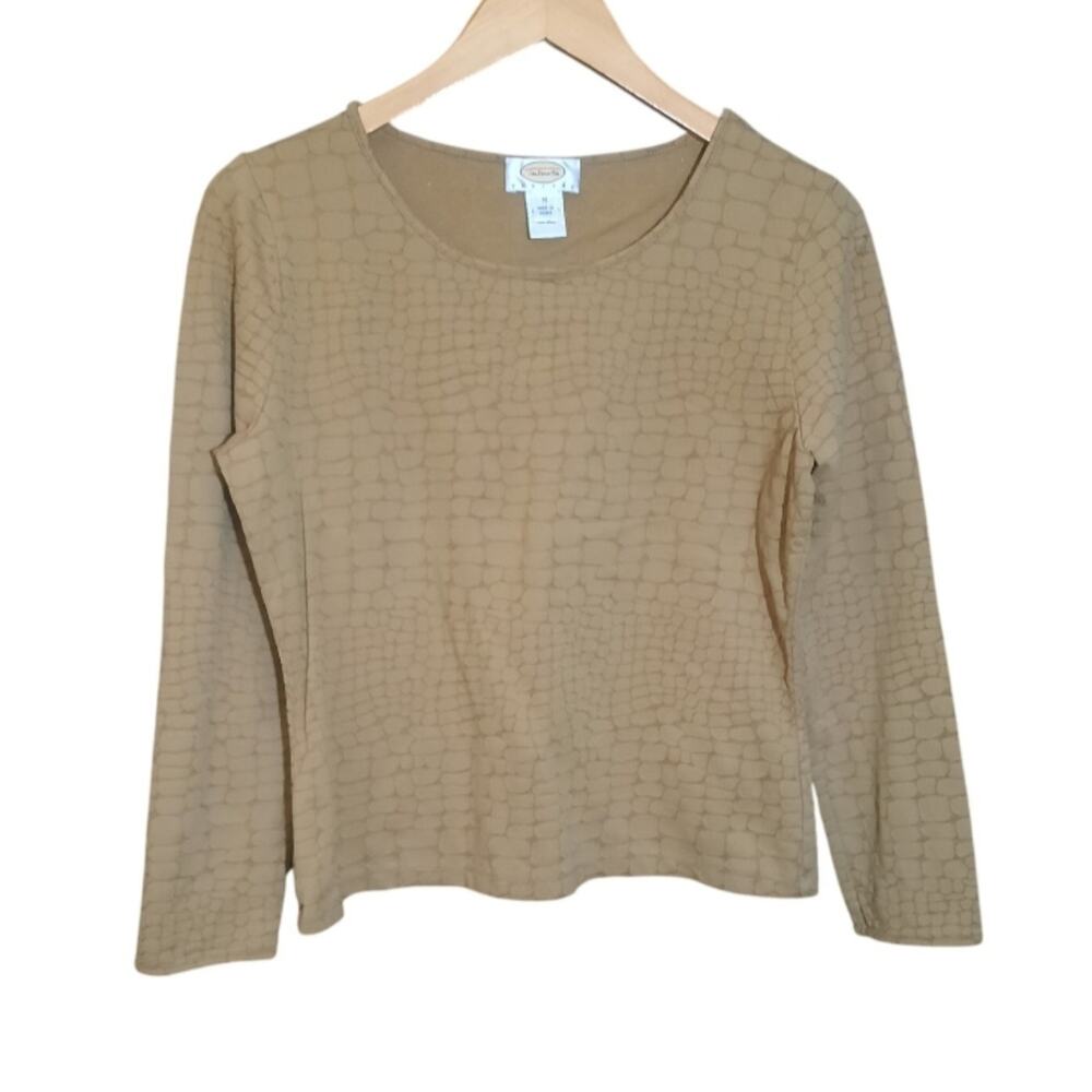 Talbots Petite Womens Tan Long Sleeve Reptile Pattern Straight Hem Top Size M